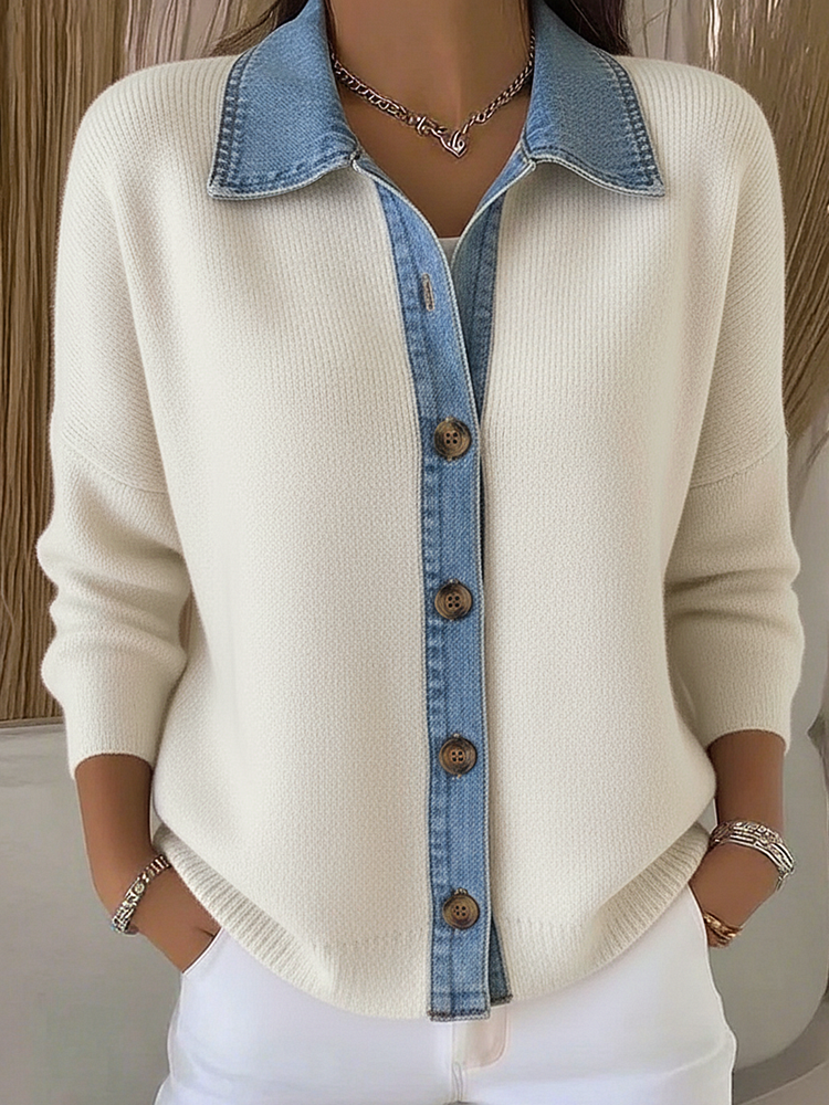 Molena™ | Cardigan en tricot avec col polo et patchs en denim