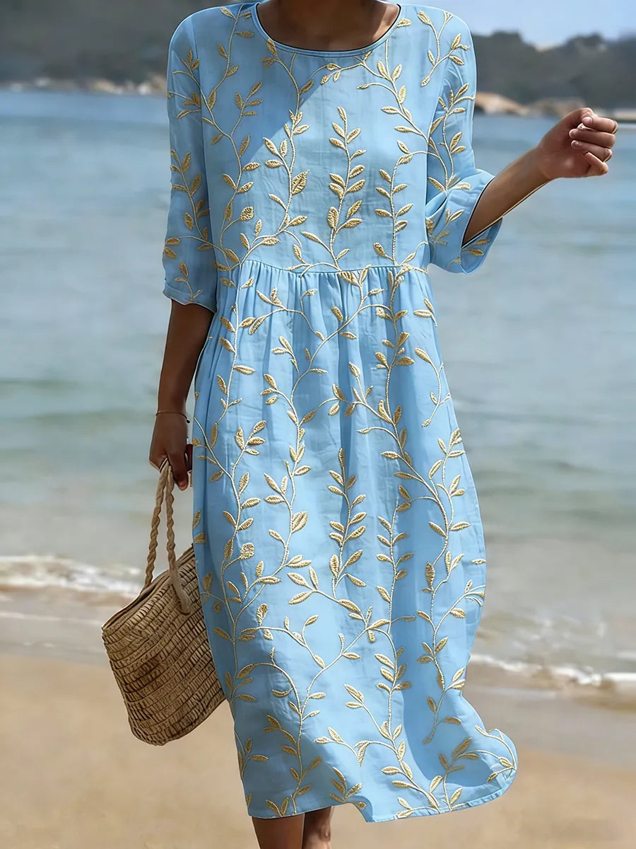 Natalie | Robe midi à col rond imprimée de plantes et de fleurs