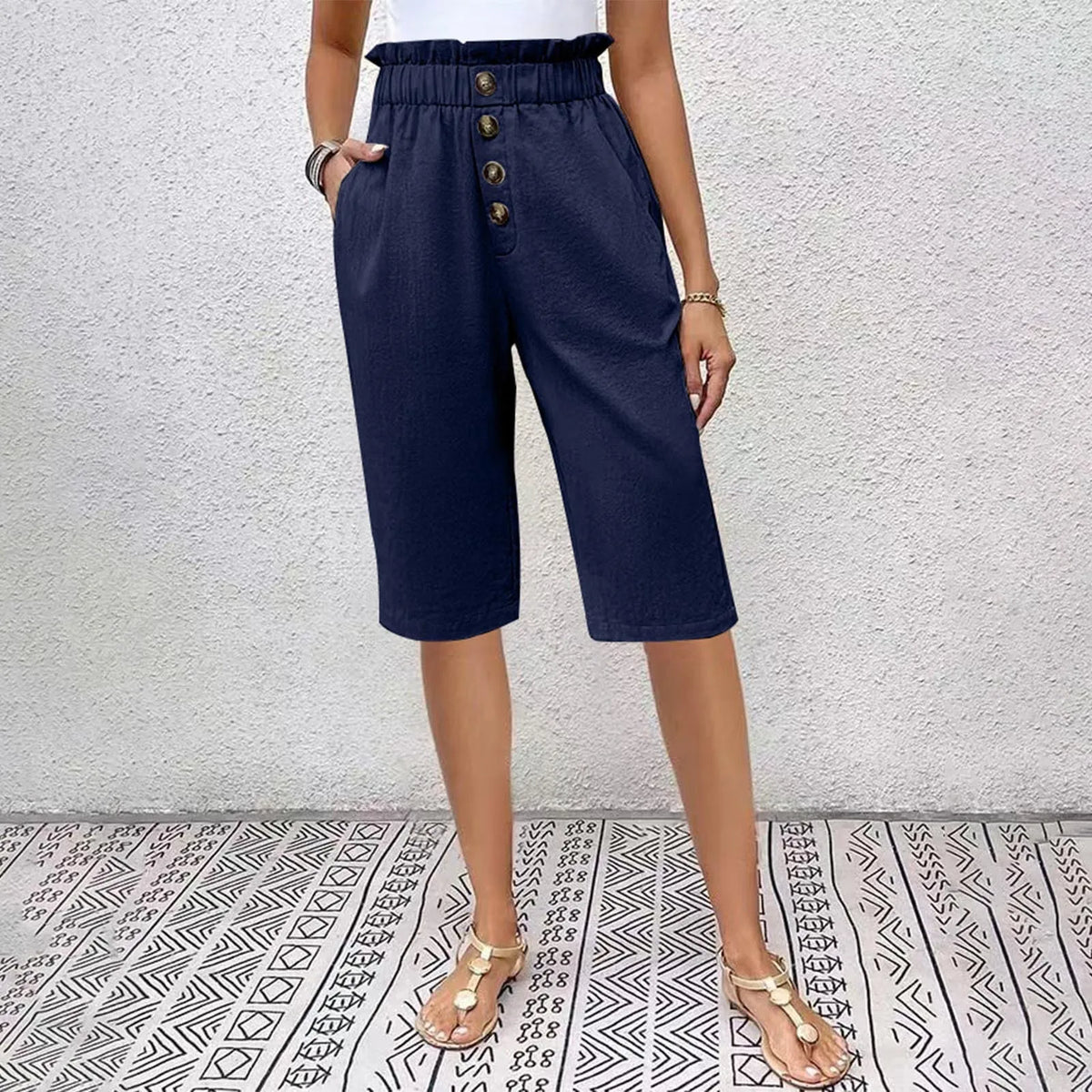 Éloane - Bermuda Boutonné Lin-Coton