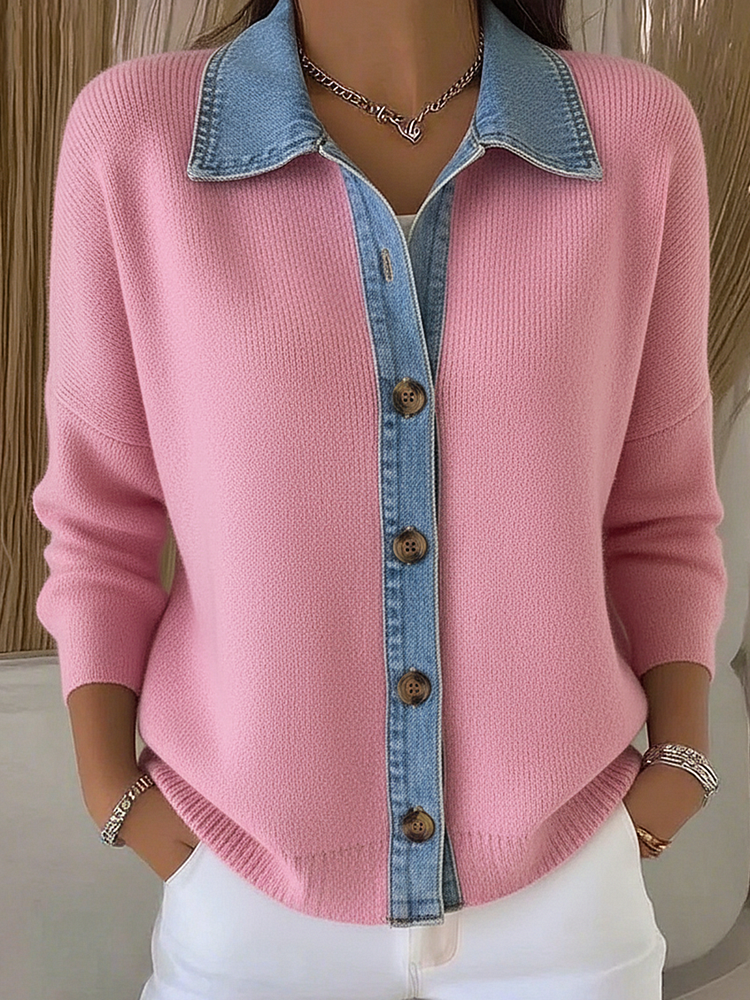 Molena™ | Cardigan en tricot avec col polo et patchs en denim