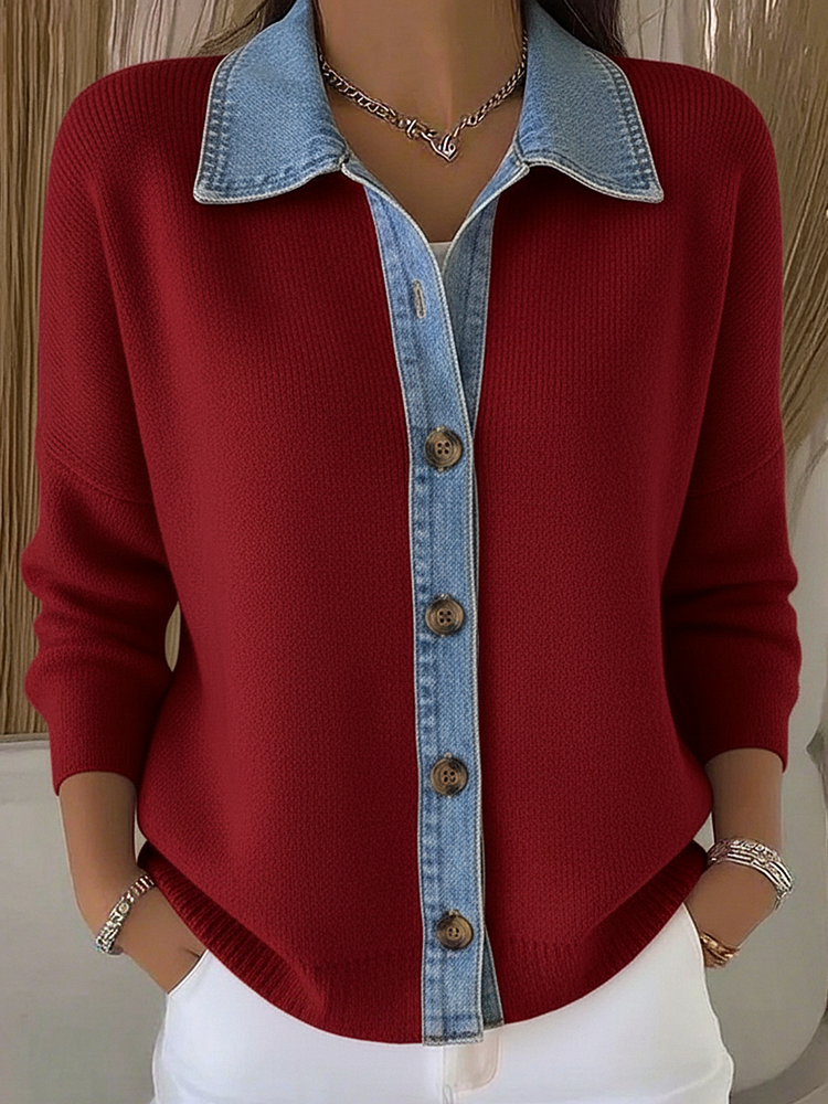 Molena™ | Cardigan en tricot avec col polo et patchs en denim