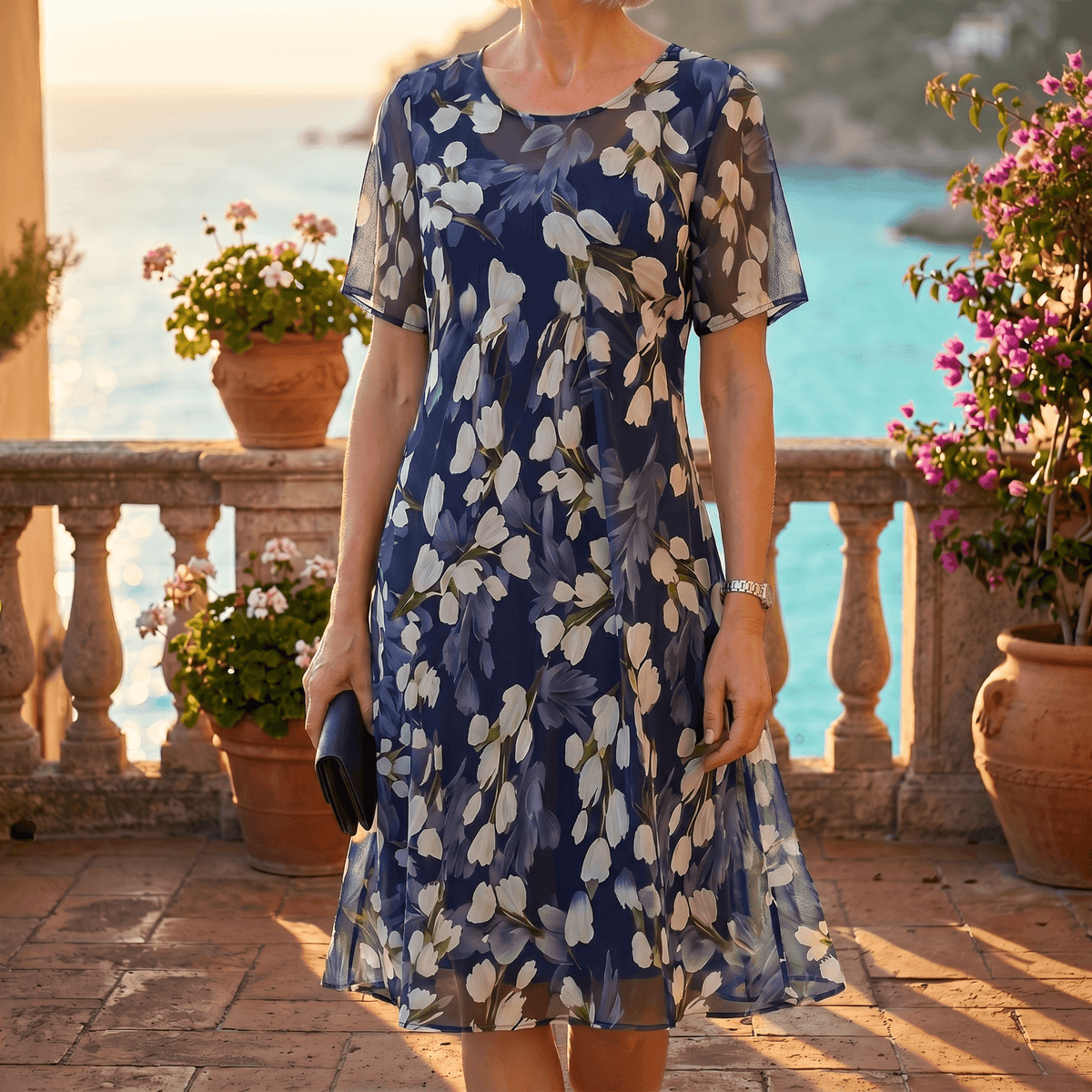 Florenza™ – Élégante Robe Midi Florale Marine