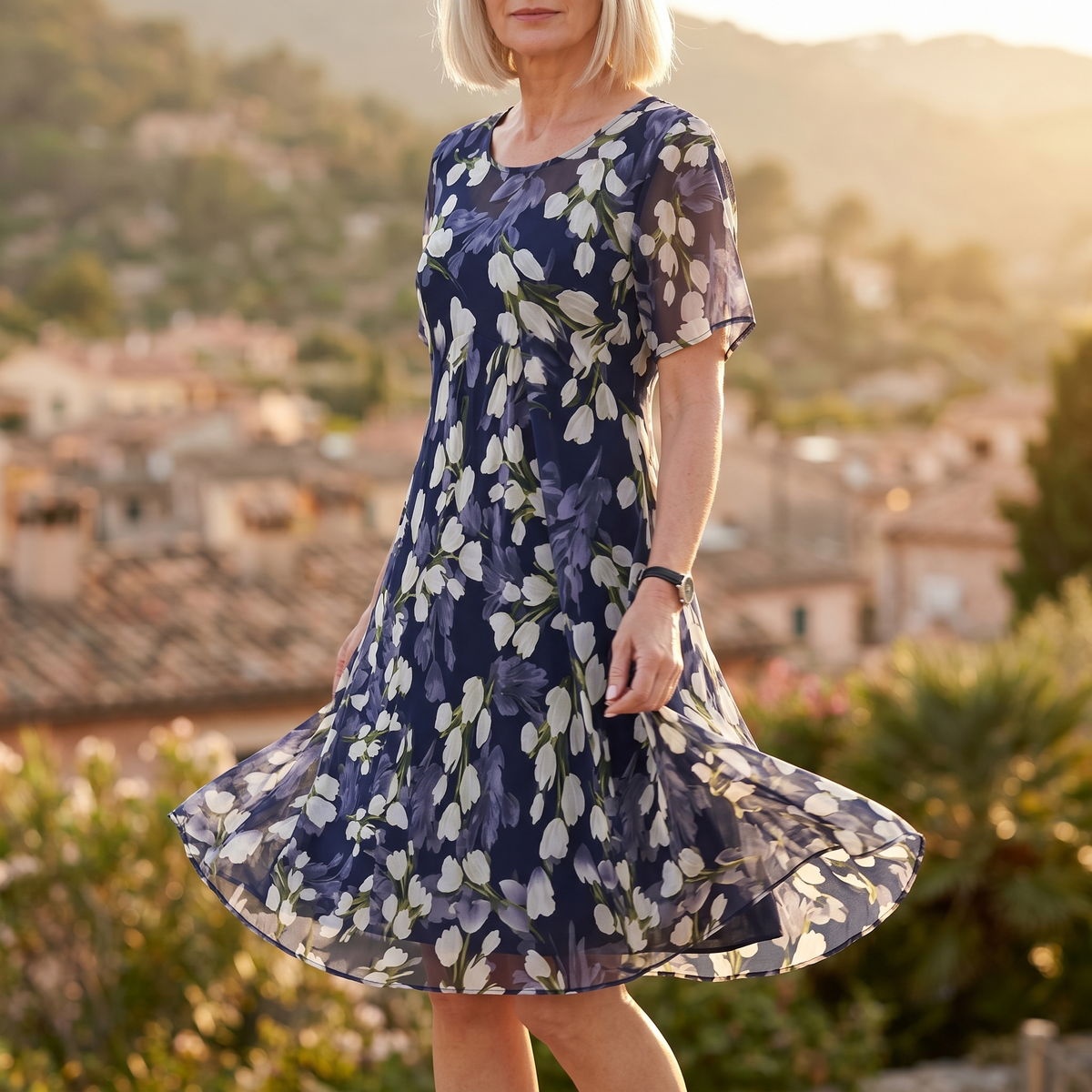 Florenza™ – Élégante Robe Midi Florale Marine